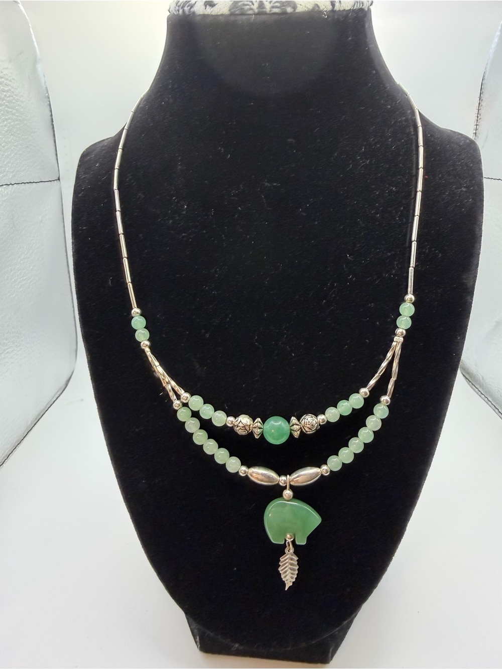 Green Beaded Double-Strand Necklace with Pendant